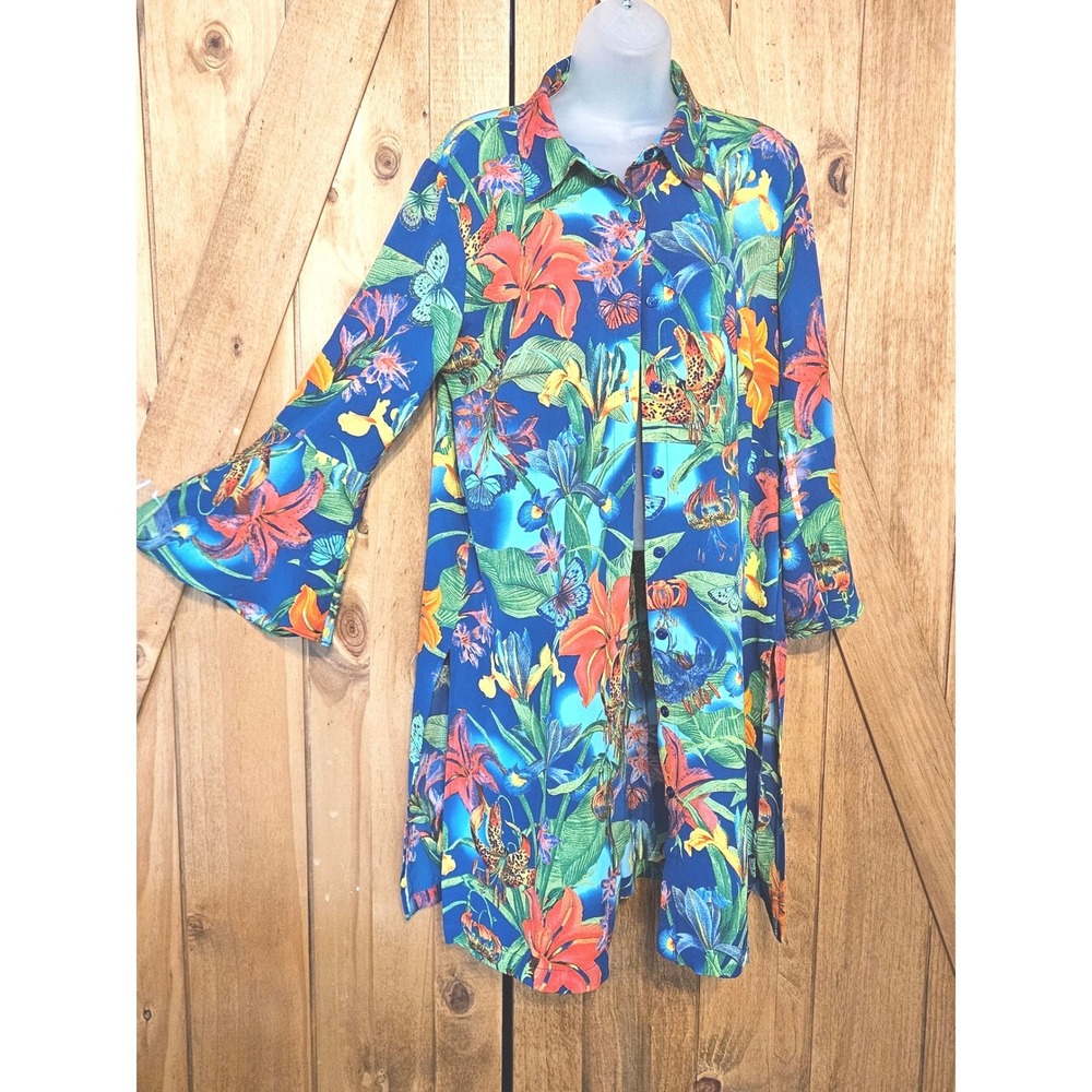 Linea Lilly Butterfly Crepe Duster Sz M Blue Tropical Button Front Cardigan #738